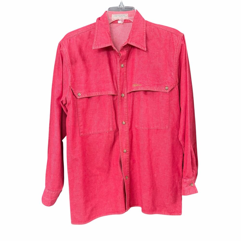 Vintage 90s Guess by Georges Marciano Pink Denim Utility Camp Shirt XL